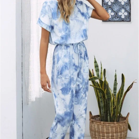 Blue Pocketed Tie Dye Knit Jumpsuit. NWT. - Picture 5 of 16
